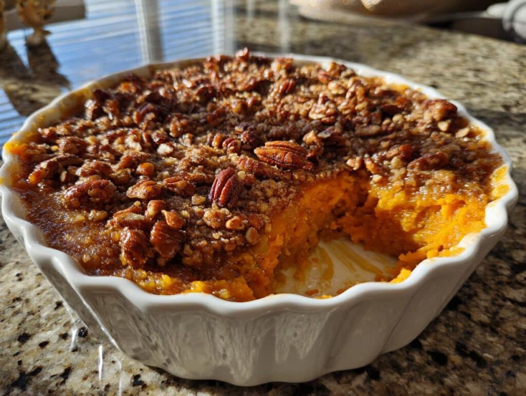 A close-up of a golden-brown Ruth Chris sweet potato casserole in a white dish, topped with a crunchy pecan streusel.