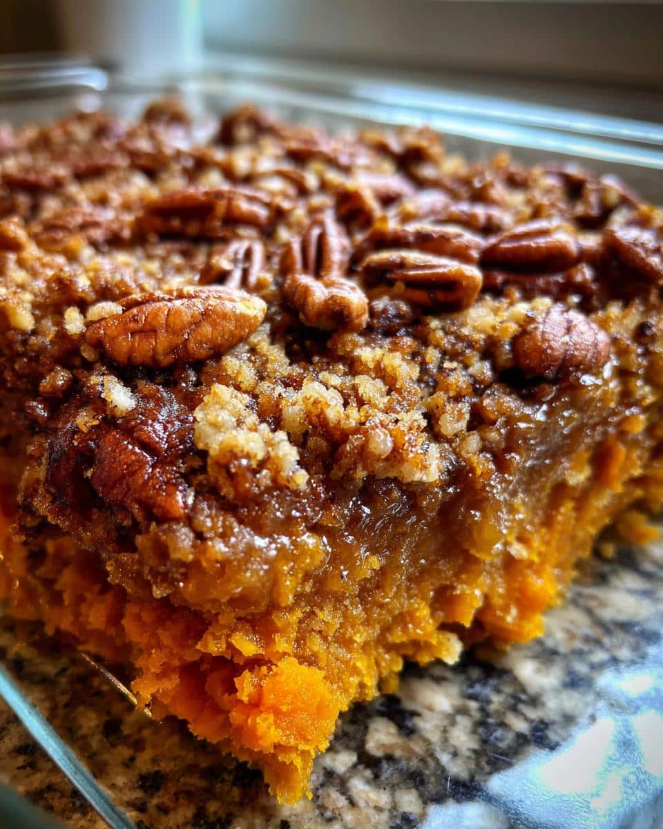 A close-up shot of a golden-brown Ruth Chris sweet potato casserole with a pecan and crumb topping.