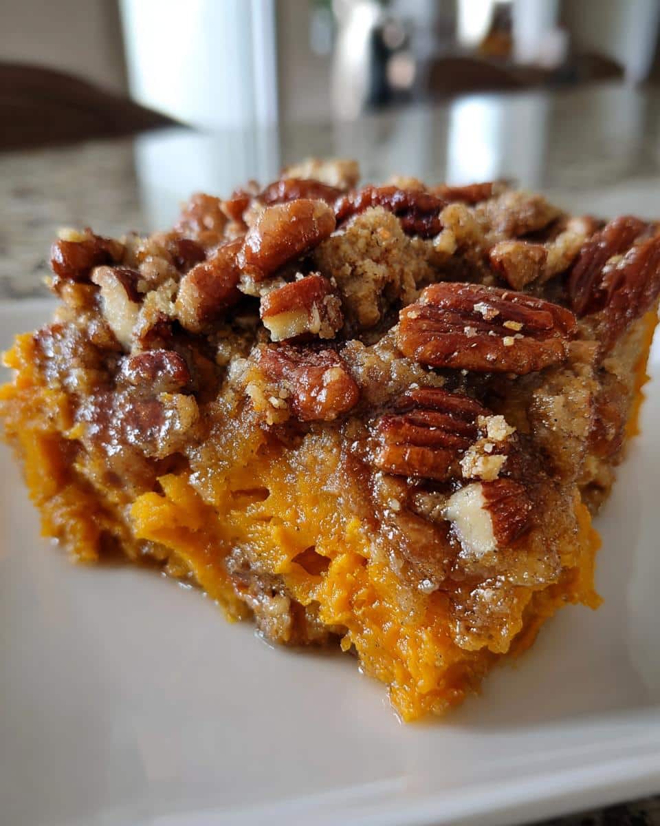 A close-up of a single serving of Ruth Chris sweet potato casserole, topped with a generous pecan streusel.