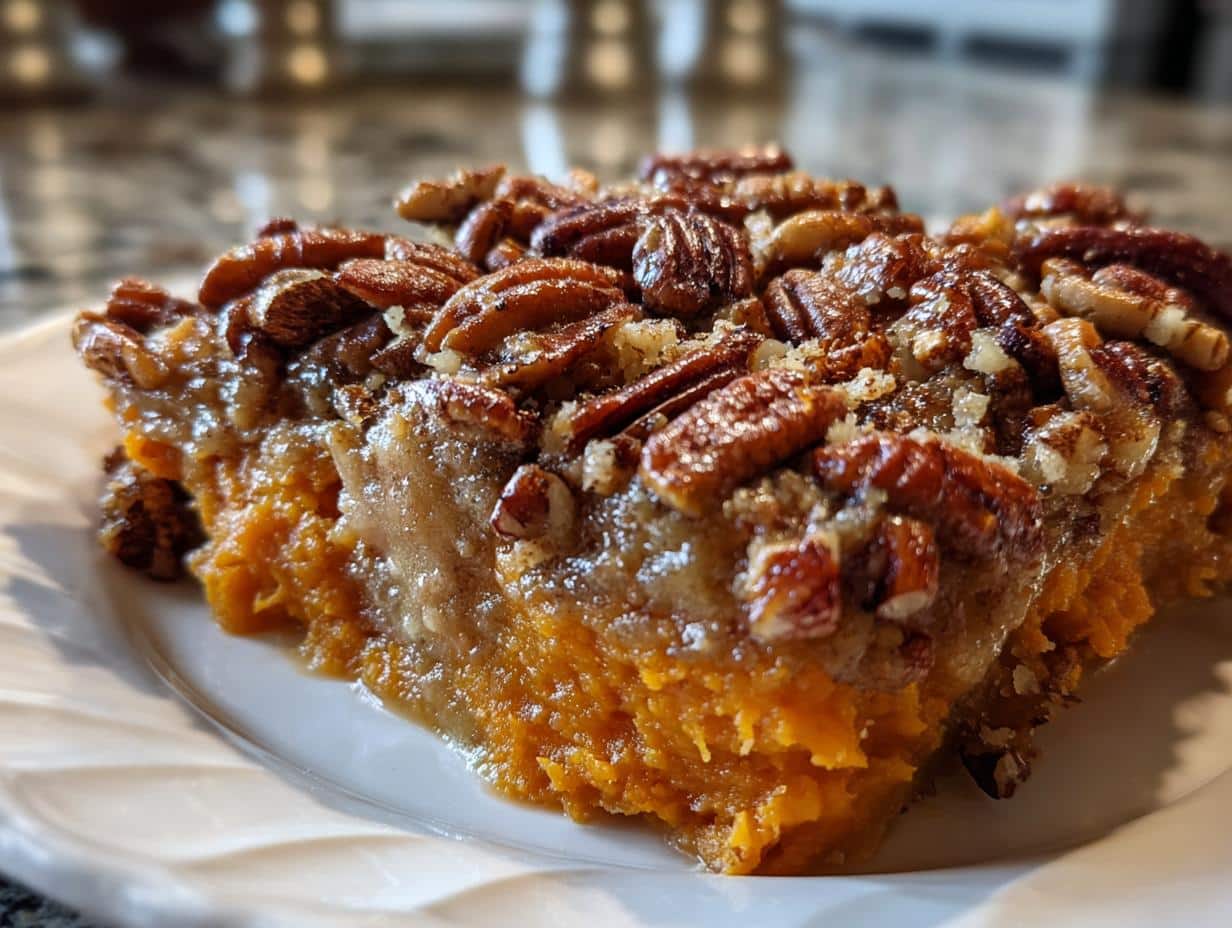 Close-up of a single serving of Ruth Chris sweet potato casserole on a white plate, topped with a generous pecan crust.