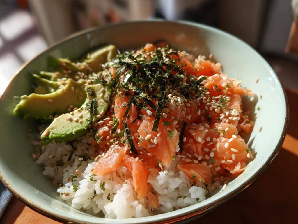 A vibrant Salmon Rice Bowl featuring fresh salmon, avocado, rice, seaweed, and sesame seeds.