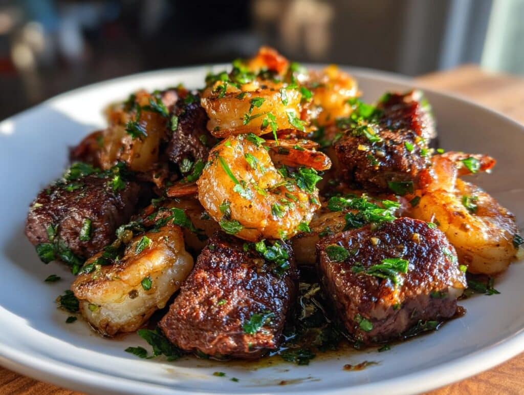 A close-up of a white plate filled with Savory Steak Bites and Shrimp, glistening with garlic butter soy glaze and fresh parsley.
