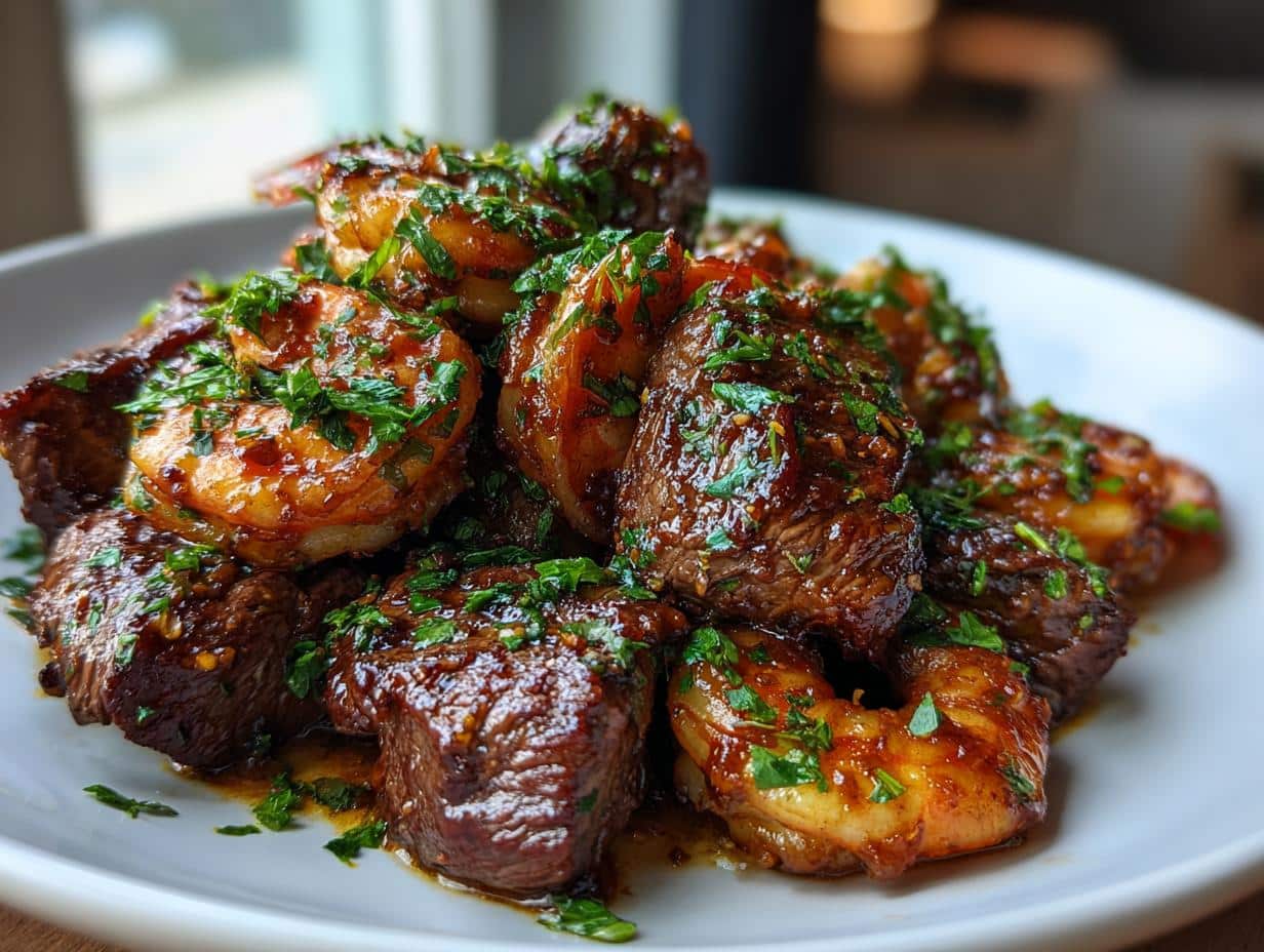 Close-up of Savory Steak Bites and Shrimp in Garlic Butter Soy Glaze, garnished with fresh parsley on a white plate.