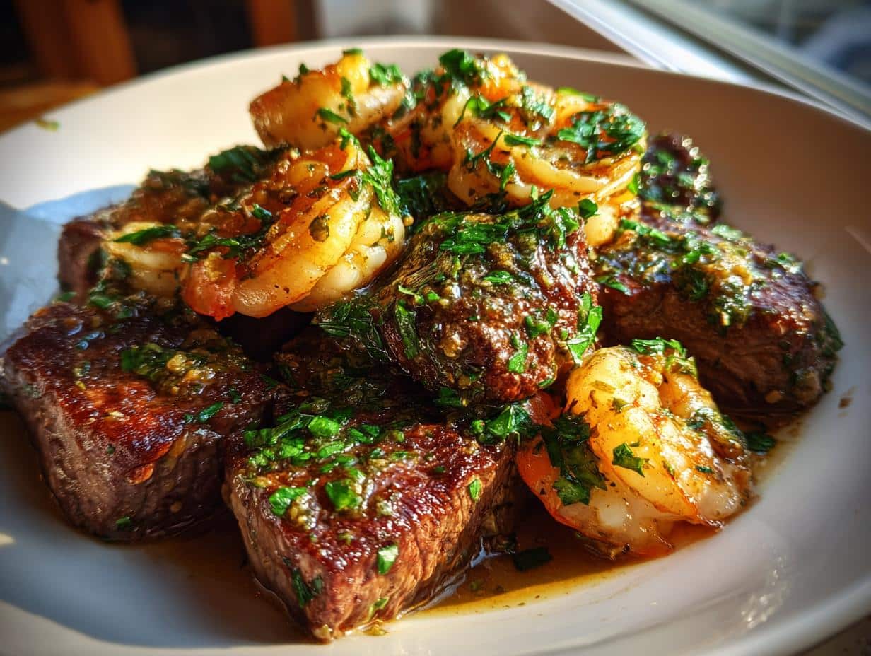 Close-up of Savory Steak Bites and Shrimp in Garlic Butter Soy Glaze, garnished with fresh parsley on a white plate.