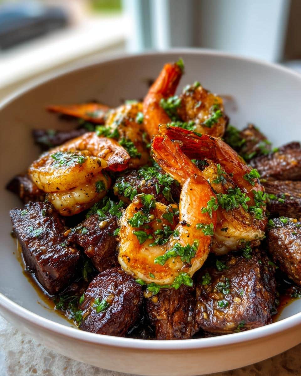 Close-up of Savory Steak Bites and Shrimp in Garlic Butter Soy Glaze, garnished with fresh parsley in a white bowl.
