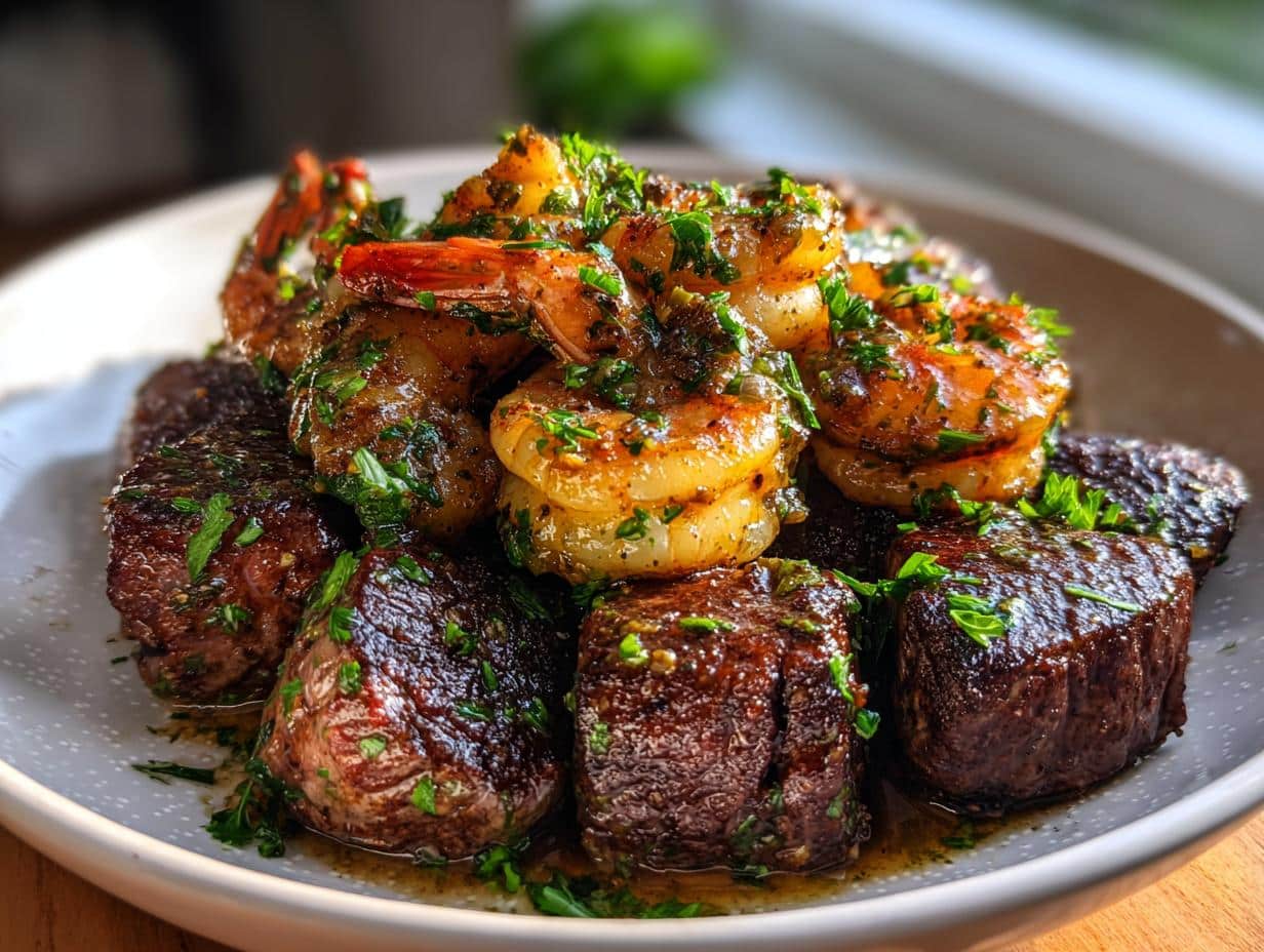 A close-up of Savory Steak Bites and Shrimp in Garlic Butter Soy Glaze, garnished with fresh parsley on a white plate.