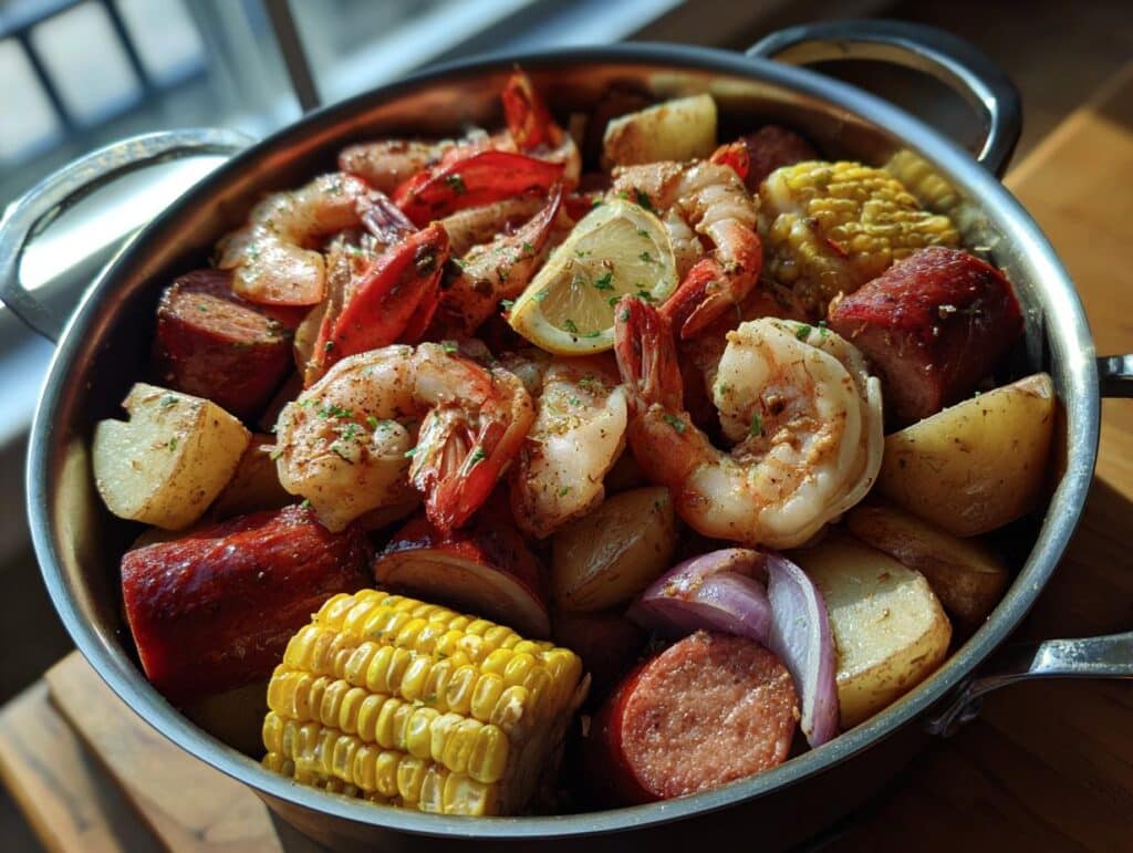 A flavorful seafood boil with shrimp, sausage, corn, and potatoes in a large pot. Ready to eat seafood boil!