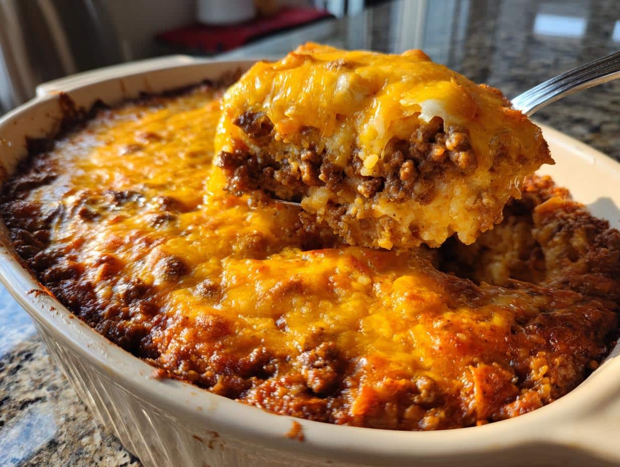 A serving spoon lifting a portion of Cheesy Doritos Casserole with Ground Beef from a baking dish, showing melted cheese and ground beef.