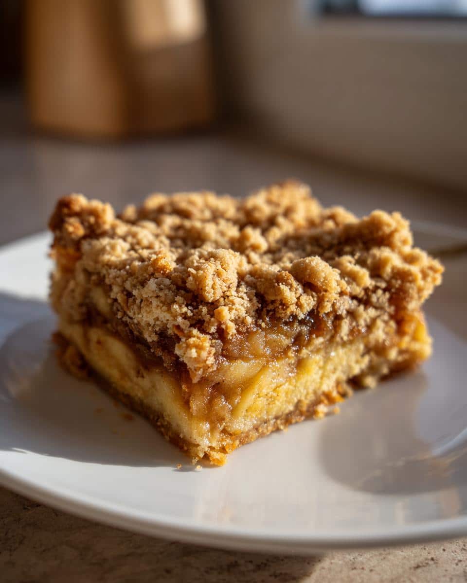 A close-up shot of a single Apple Crisp Bar on a white plate, showing the crumbly topping and apple filling.