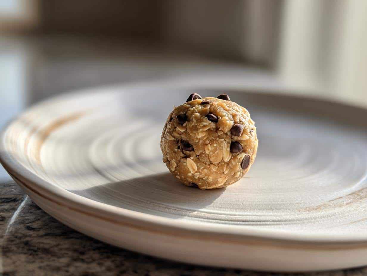 A close-up of a single Chocolate Chip Cookie Dough Protein Ball on a light-colored plate, showing oats and chocolate chips.