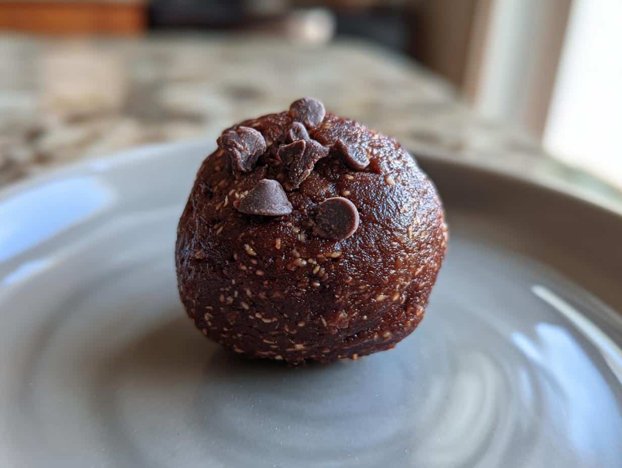 A close-up of a single Chocolate Mint Protein Bite topped with chocolate chips, resting on a light gray plate.