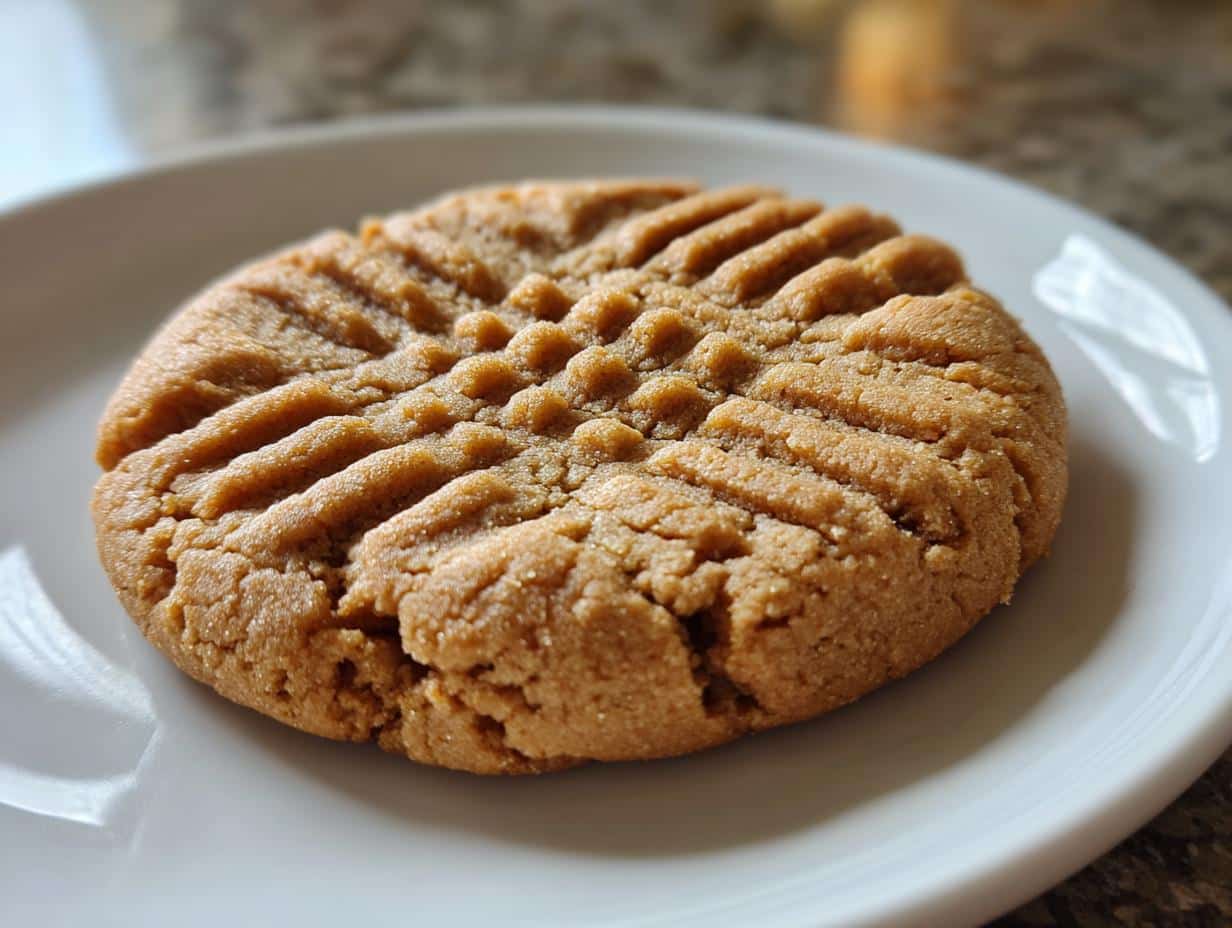 A single, round peanut butter cookie recipe with crisscross fork marks, resting on a white plate.