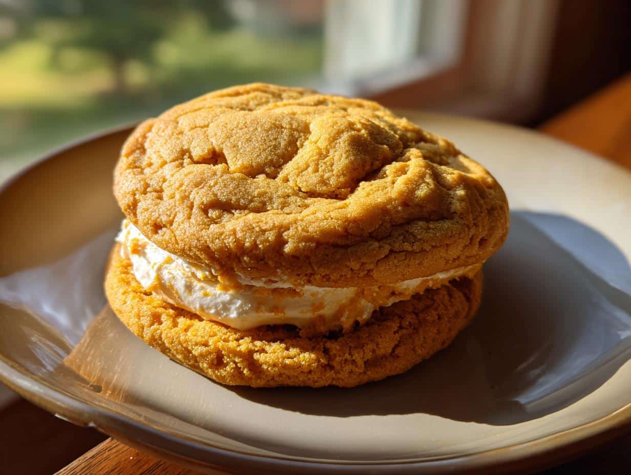 A close-up of a single Pumpkin Cheesecake Cookies sandwich on a plate, filled with creamy white frosting.