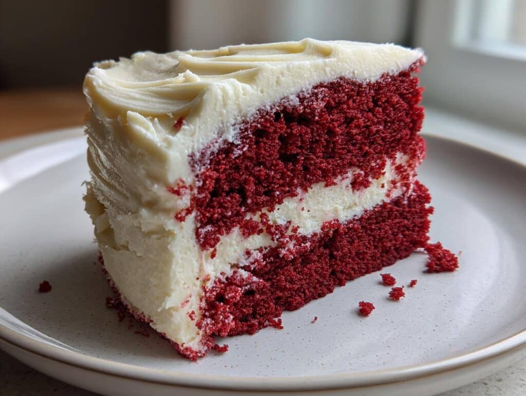 A close-up of a delicious slice of red velvet cake with thick white cream cheese frosting on a light plate.