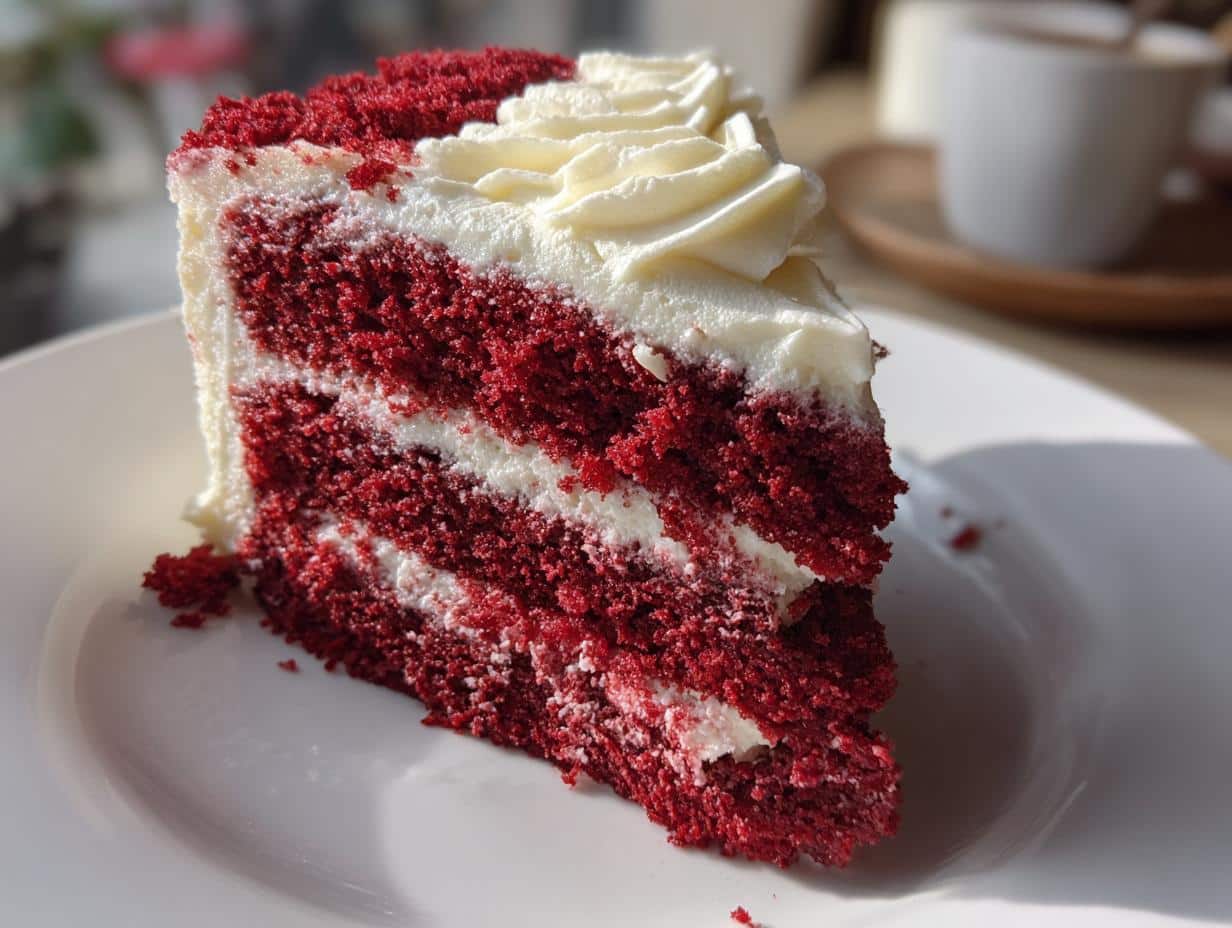 A close-up of a delicious slice of red velvet cake with multiple layers of cream cheese frosting on a white plate.