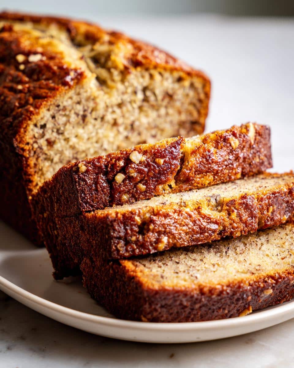 Close-up of a loaf of sliced Banana Bread Recipe With Sour Cream on a white plate, showing its moist texture and golden-brown crust.