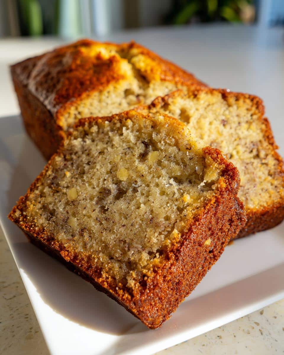 A golden-brown loaf of Banana Bread Recipe With Sour Cream, with two slices cut and displayed on a white plate.