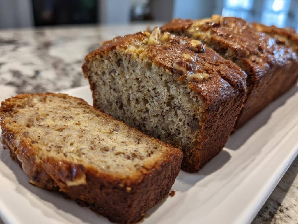 A freshly baked and sliced loaf of Banana Bread Recipe With Sour Cream, showing its moist texture and golden crust.