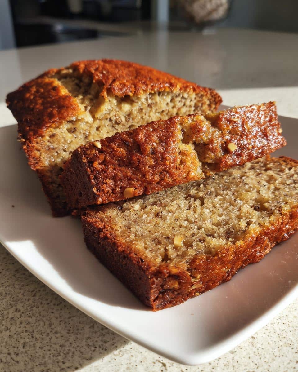Close-up of a loaf of Banana Bread Recipe With Sour Cream, sliced and showing its moist texture and golden crust.