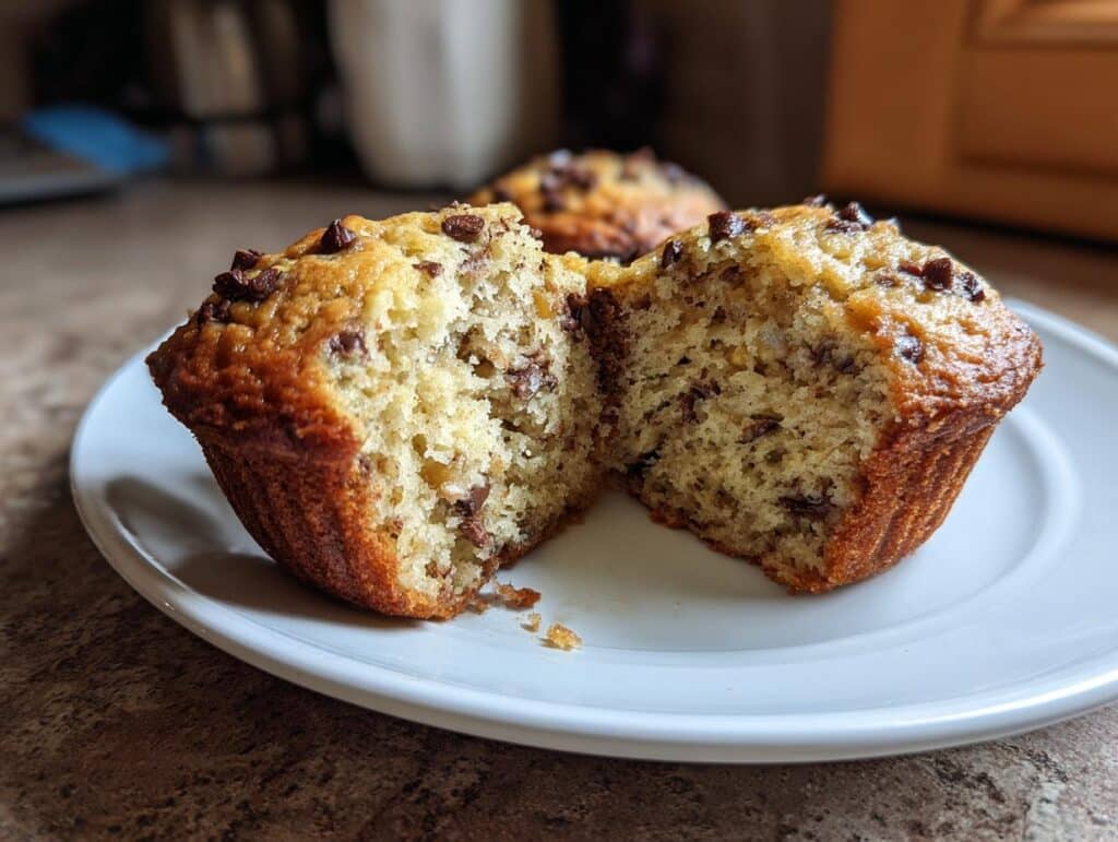 A Banana Protein Muffins cut in half on a white plate, revealing its moist interior with chocolate chips.