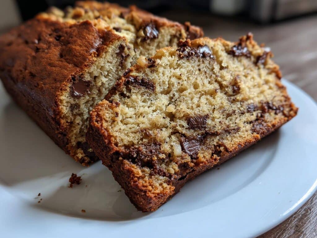 Close-up of a freshly baked and sliced chocolate chip banana bread loaf on a white plate, showing moist texture.
