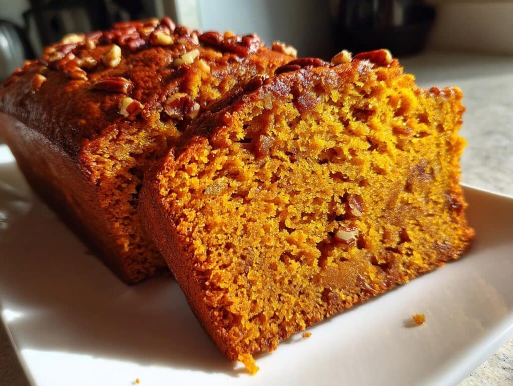 A close-up of a sliced loaf of gluten free pumpkin bread, topped with pecans, on a white plate.