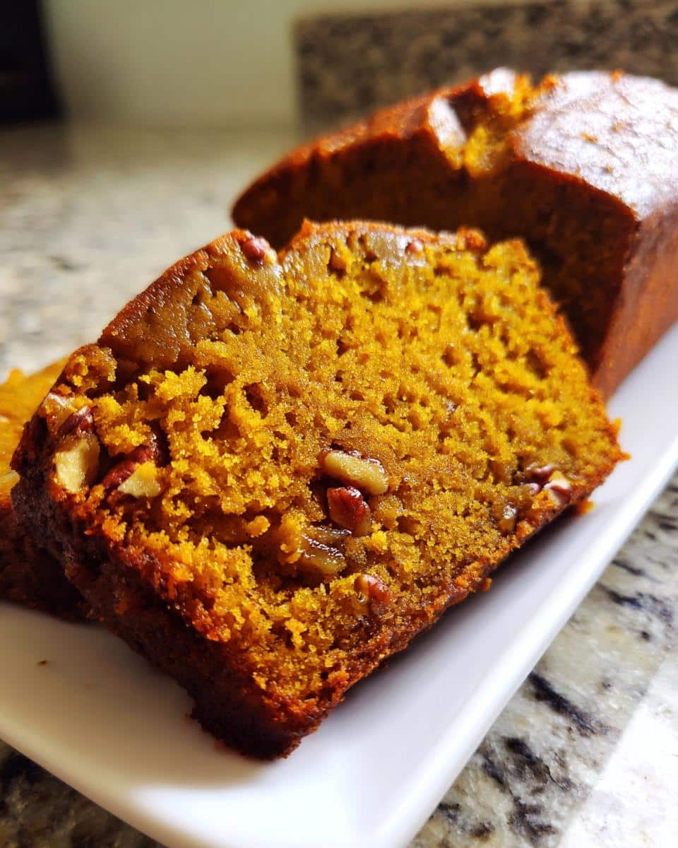 Close-up of a slice of gluten free pumpkin bread with visible pecans on a white plate, with a loaf in the background.