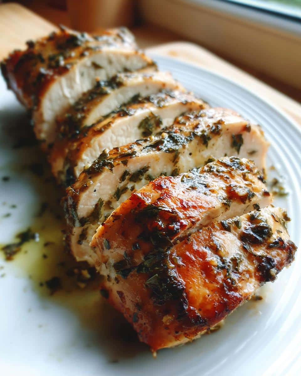 Close-up of perfectly cooked, sliced herb-crusted boneless chicken breast on a white plate, glistening with juices. chicken breast recipes boneless