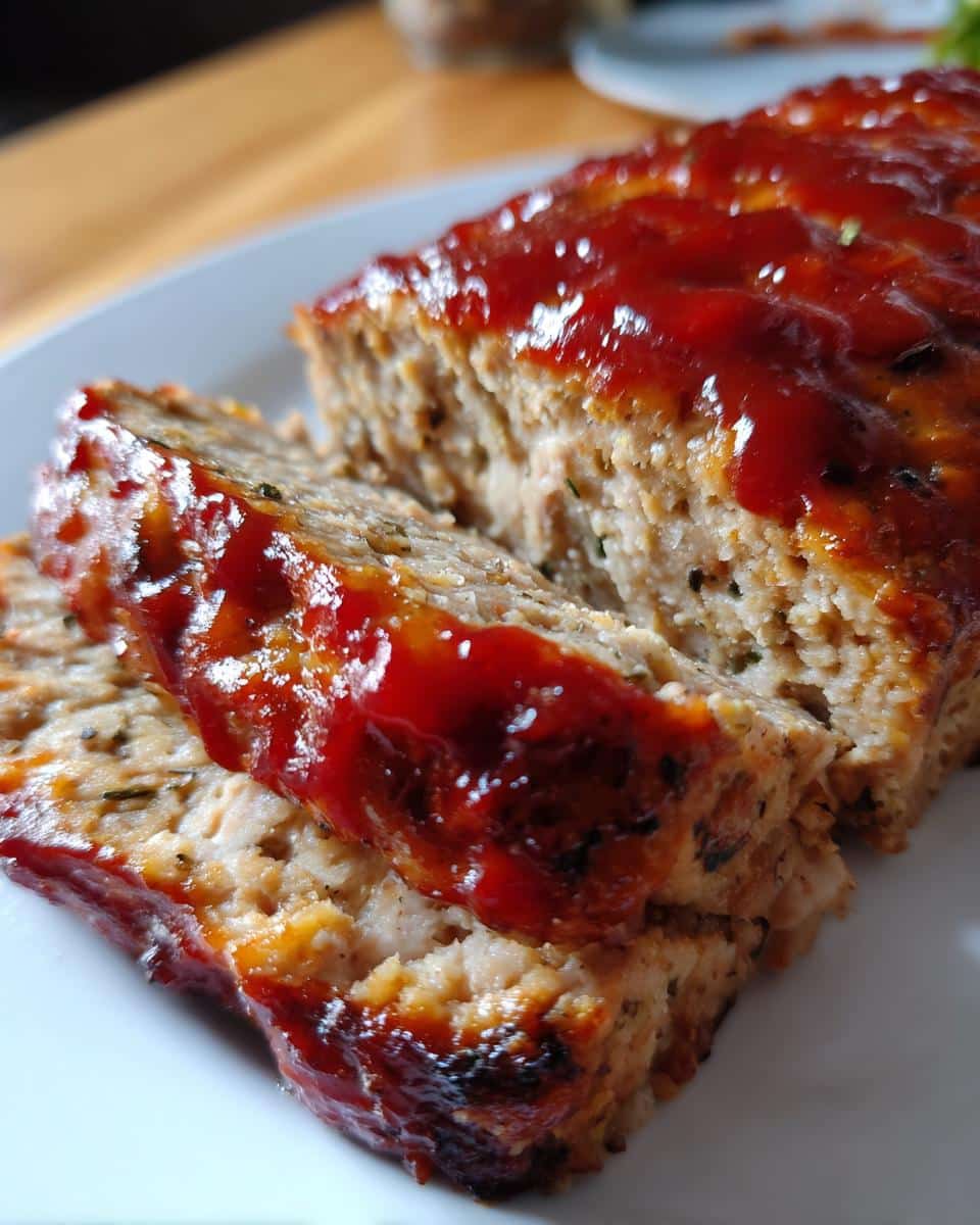 Close-up of sliced Juicy Garlic Parmesan Chicken Meatloaf on a white plate, topped with a rich red glaze.