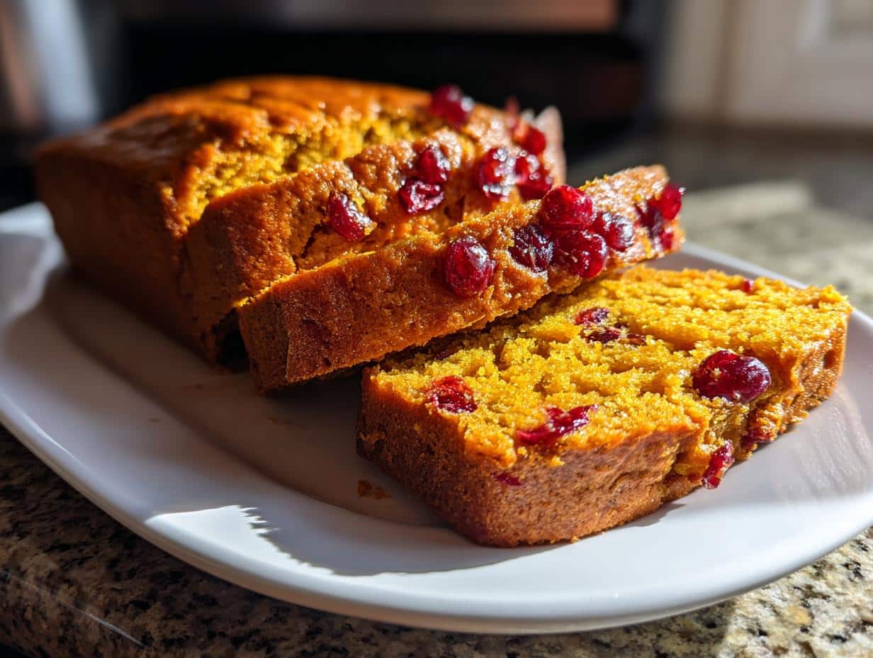 A freshly baked and sliced pumpkin cranberry bread recipe loaf on a white platter, showing cranberries throughout.