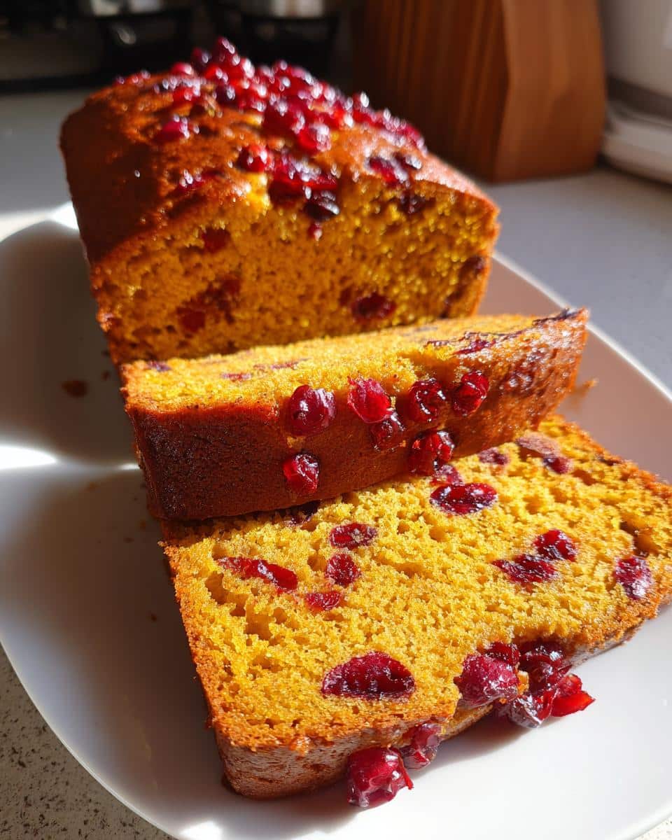 A freshly baked loaf of pumpkin cranberry bread, sliced to show the moist interior with red cranberries.