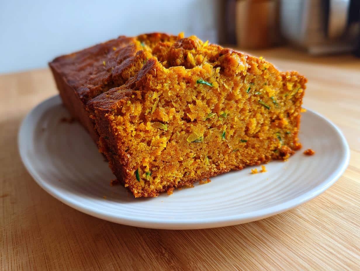A close-up of a sliced loaf of Pumpkin Zucchini Bread on a white plate, showing the moist texture and green zucchini flecks.