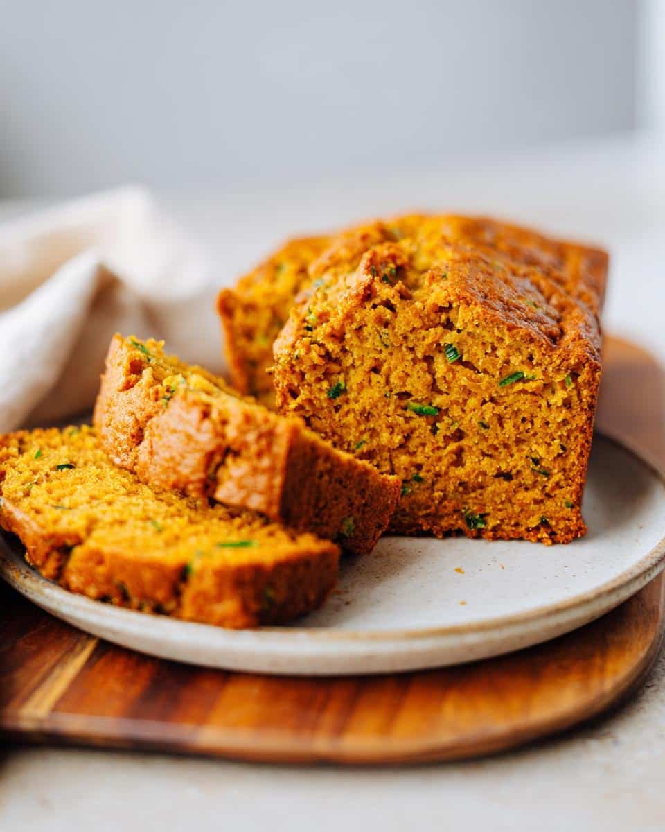 A freshly baked loaf of Pumpkin Zucchini Bread, partially sliced, showing its moist texture and green zucchini flecks.
