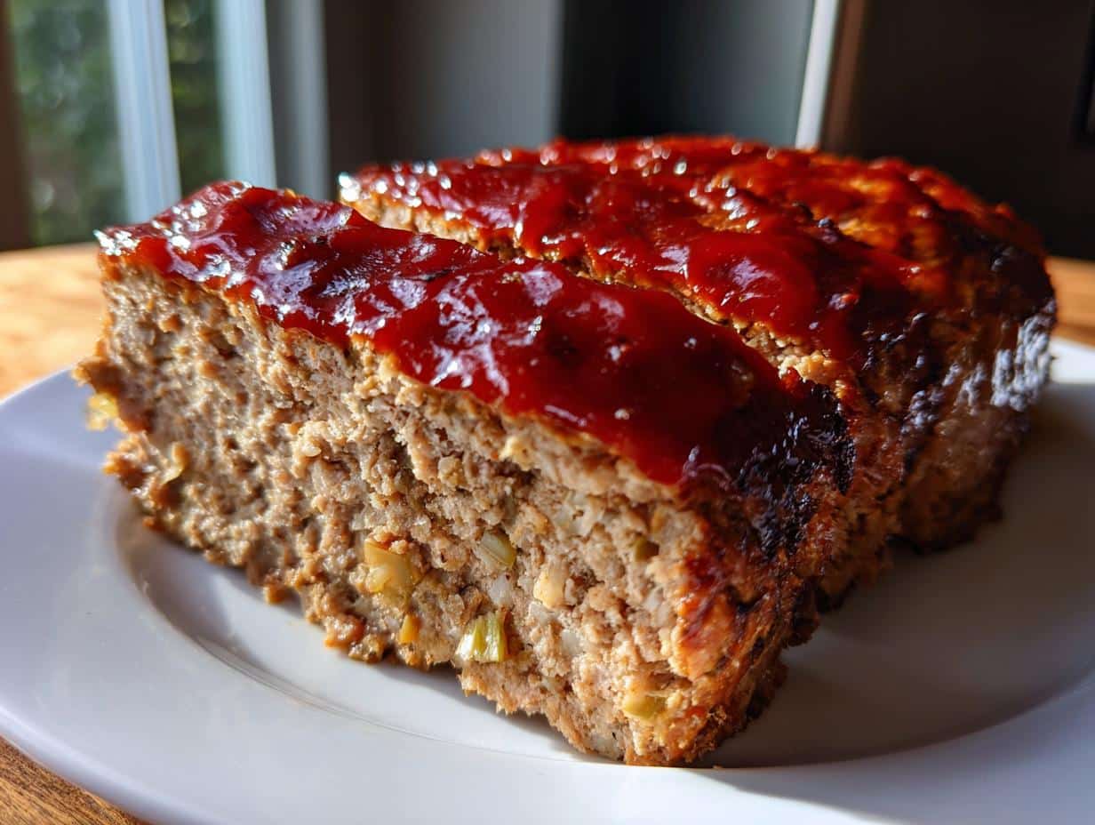 A close-up of a sliced Turkey Meatloaf on a white plate, topped with a shiny red glaze.