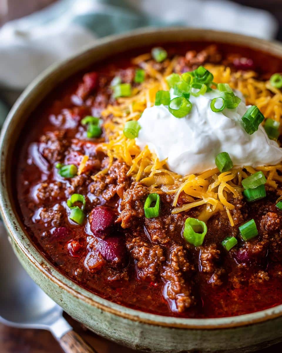 Close-up of a bowl of rich slow cooker chili recipe, topped with shredded cheddar cheese, sour cream, and sliced green onions.