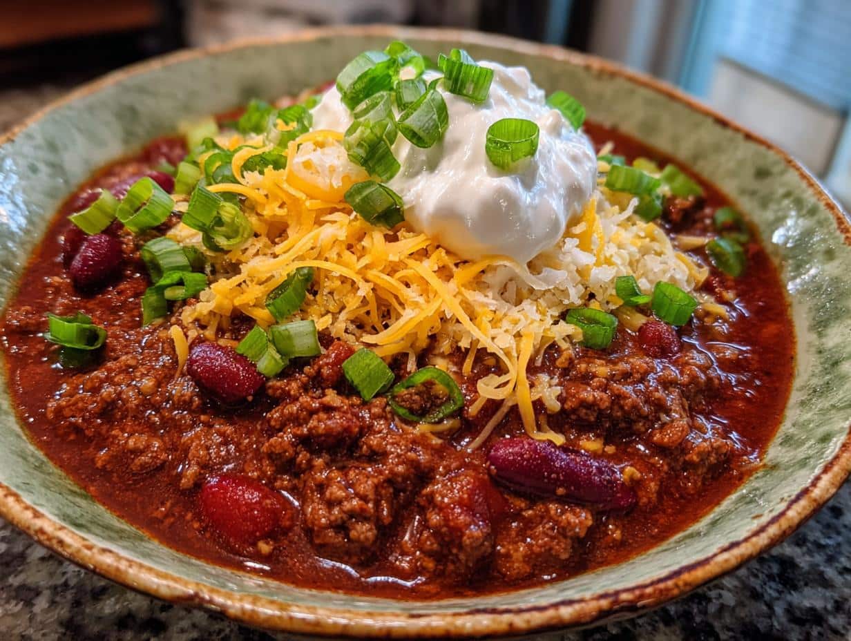 A close-up of a bowl of slow cooker chili recipe, topped with shredded cheese, sour cream, and sliced green onions.