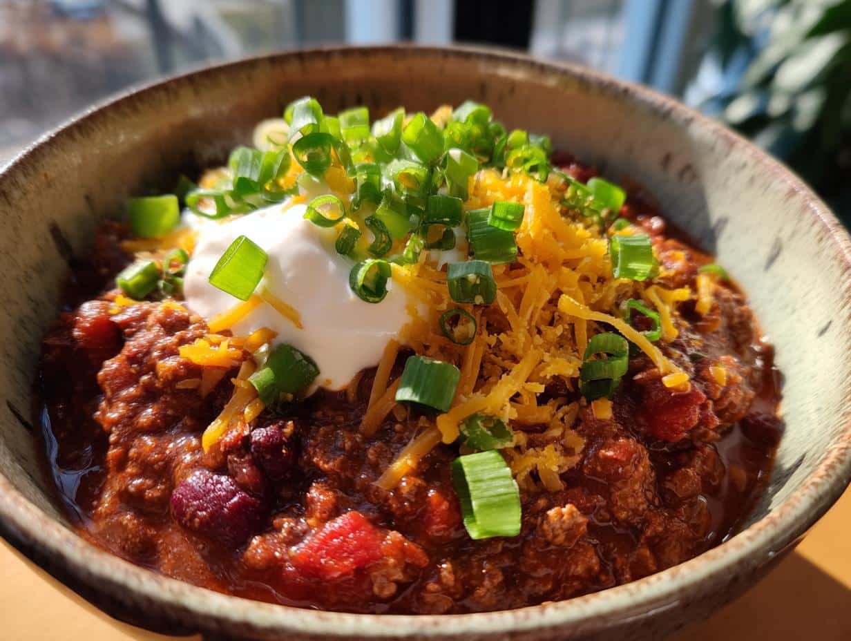 Close-up of a bowl of slow cooker chili, topped with sour cream, shredded cheddar cheese, and chopped green onions.