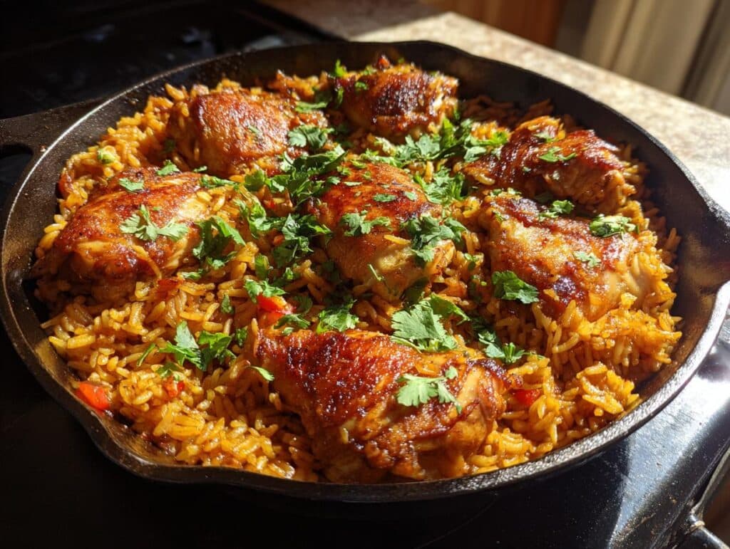 A cast iron skillet filled with Smoky Chipotle BBQ Chicken and Rice Skillet, garnished with fresh cilantro.