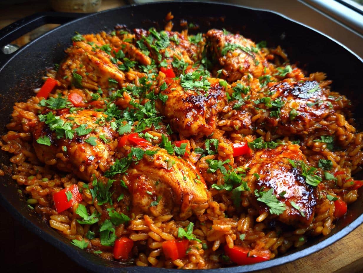 A close-up of a Smoky Chipotle BBQ Chicken and Rice Skillet in a black cast iron pan, garnished with fresh cilantro.