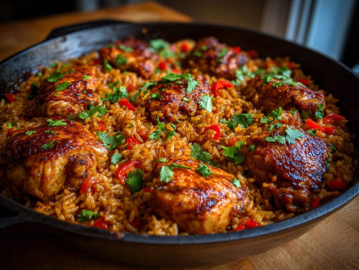 A close-up of a Smoky Chipotle BBQ Chicken and Rice Skillet in a black pan, garnished with fresh cilantro.