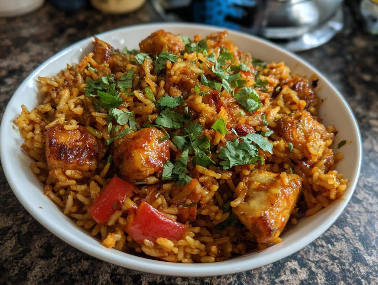 A close-up of a bowl filled with Smoky Chipotle BBQ Chicken and Rice Skillet, garnished with fresh cilantro.