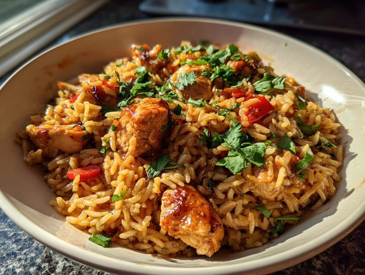 A close-up of a bowl filled with Smoky Chipotle BBQ Chicken and Rice Skillet, garnished with fresh cilantro.
