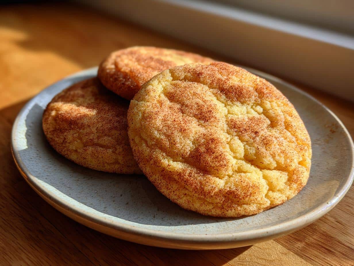 Three golden-brown snickerdoodle cookies recipe on a light grey plate, sprinkled with cinnamon sugar.
