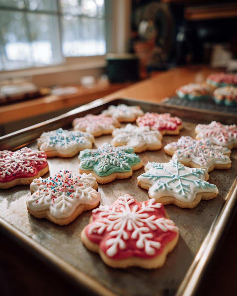 Baking sheet filled with colorful snowflake-shaped Crumbl Celebrity Cookies, decorated with icing and sprinkles.