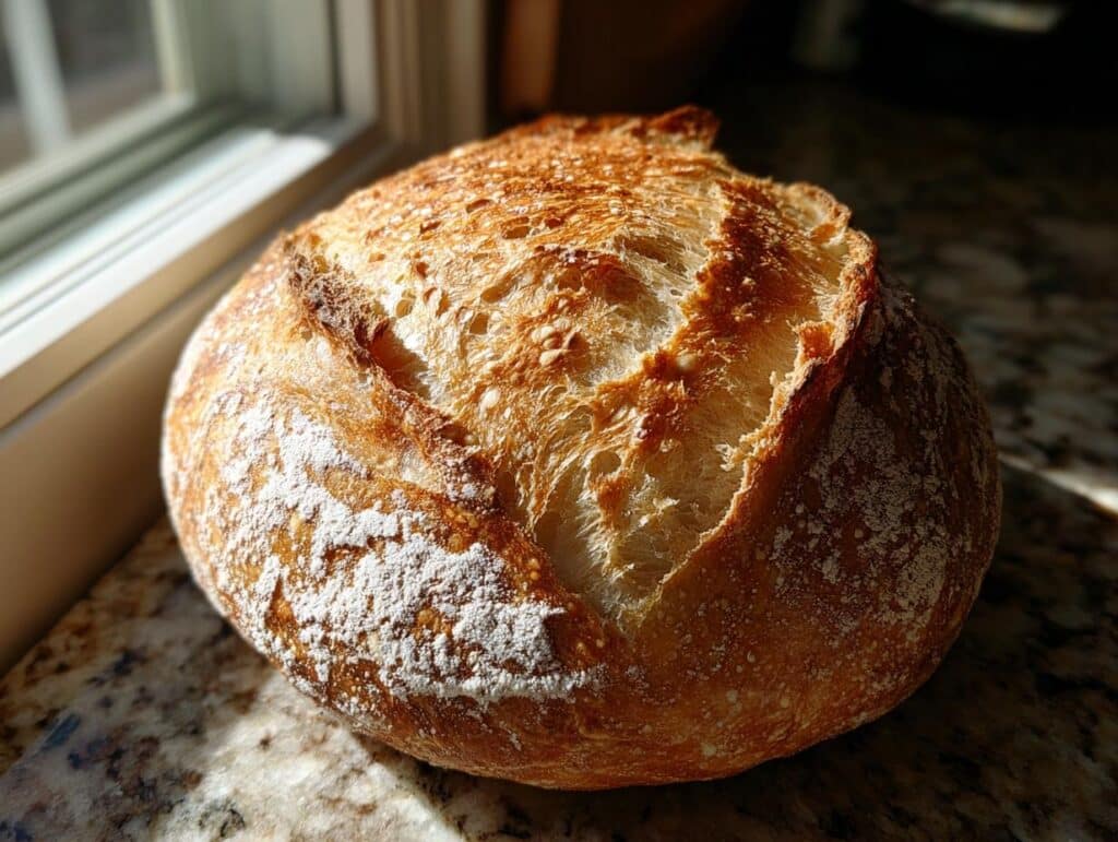 Close-up of a golden, crusty sourdough starter bread loaf dusted with flour, sitting on a countertop near a window.