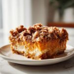 A close-up of a delicious slice of southern sweet potato casserole with a golden-brown crumb topping and a creamy white layer.