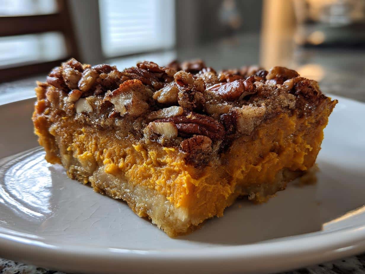 A close-up of a delicious slice of Southern sweet potato casserole with a golden-brown pecan and streusel topping, on a white plate.