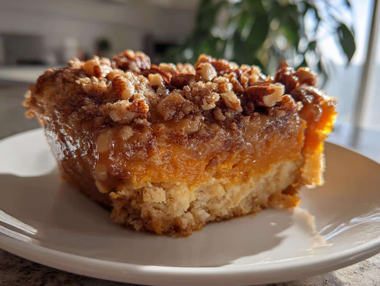 Close-up of a slice of Southern sweet potato casserole on a white plate, showing the creamy orange filling and crunchy pecan streusel topping.