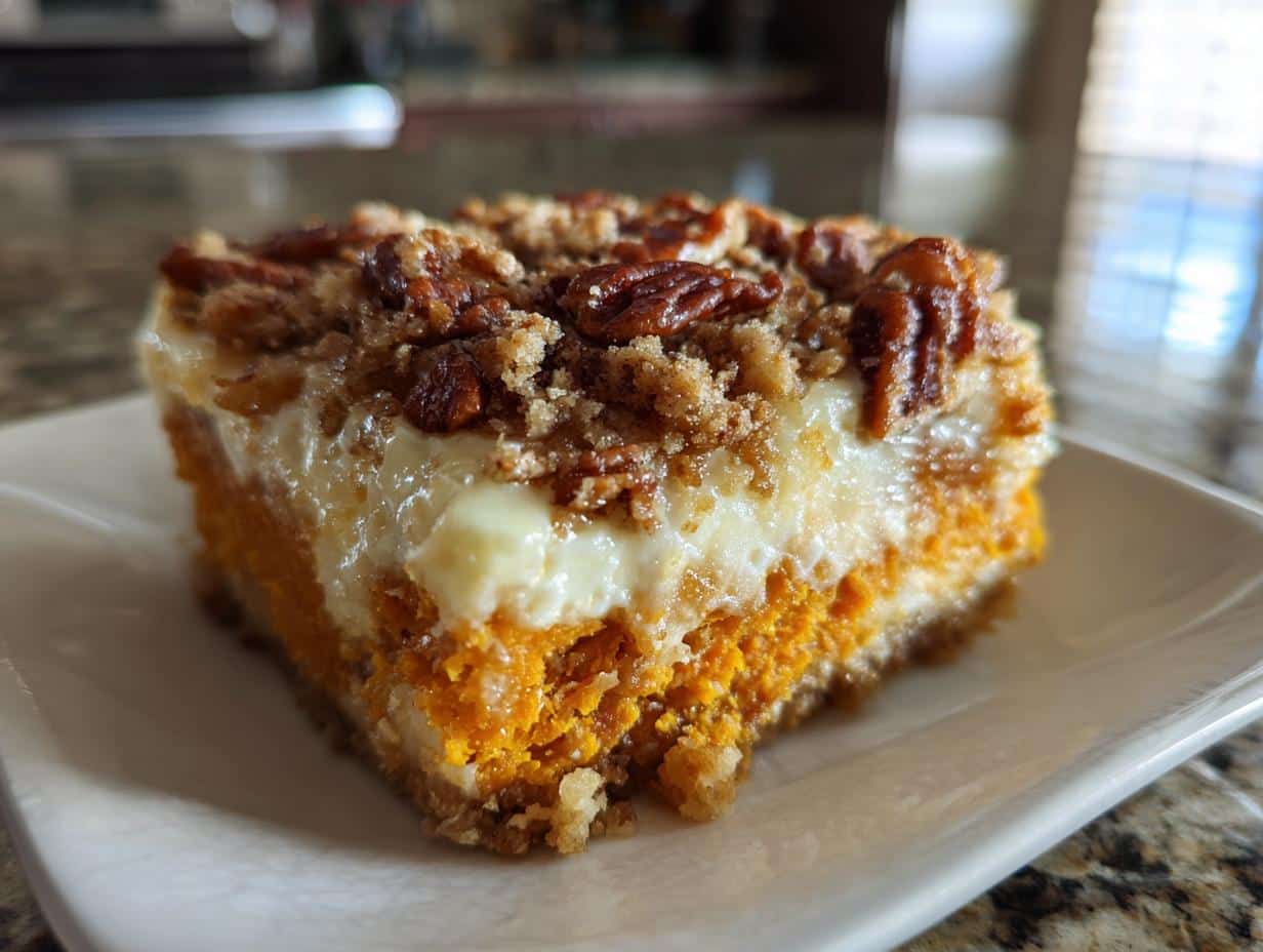 Close-up of a single serving of southern sweet potato casserole with a creamy white topping and crunchy pecan streusel.