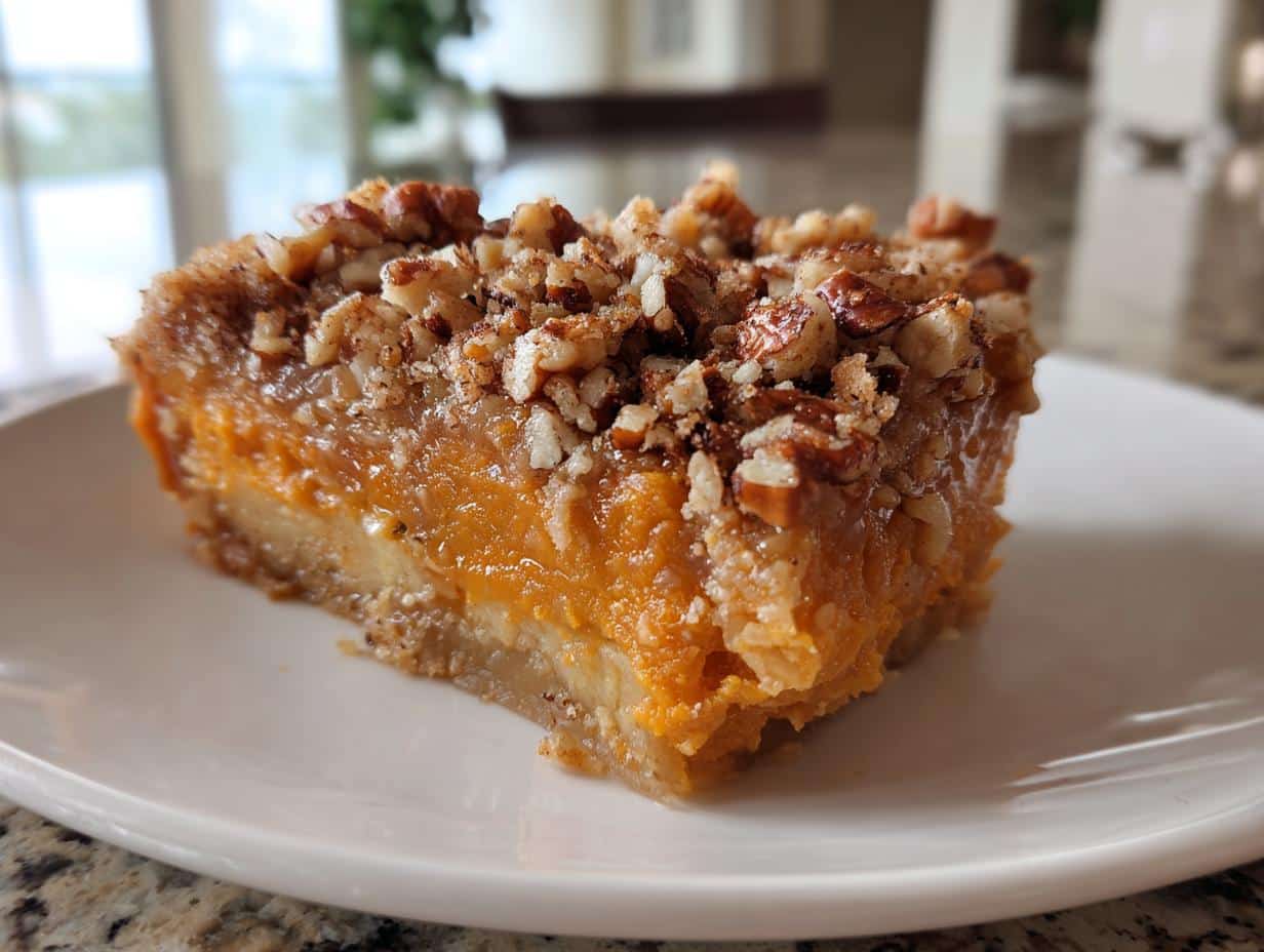 A close-up of a single serving slice of southern sweet potato casserole topped with a generous pecan streusel.